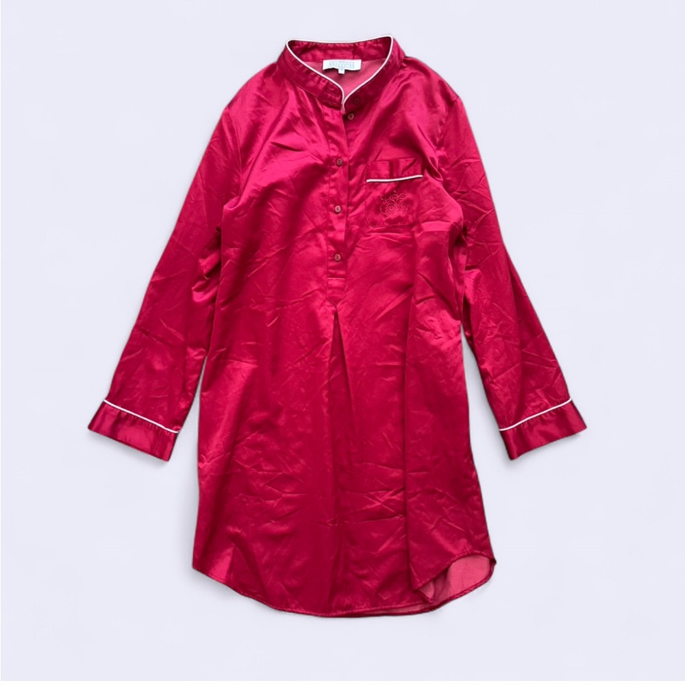 Laurence Tavernier Luxury Red Satin Cotton Night Dress Long Sleeve